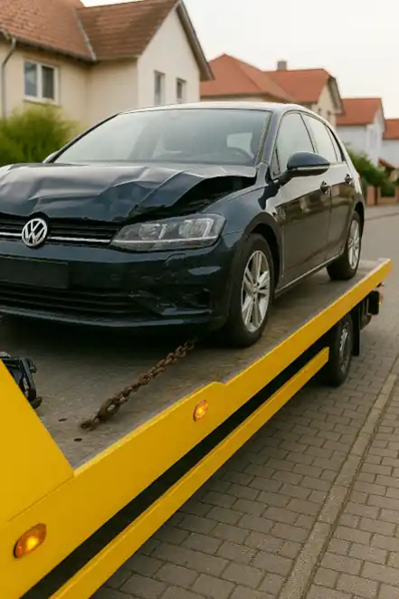 Ein defektes Fahrzeug, das in Alzey beim Autoankauf professionell abgeschleppt wird.