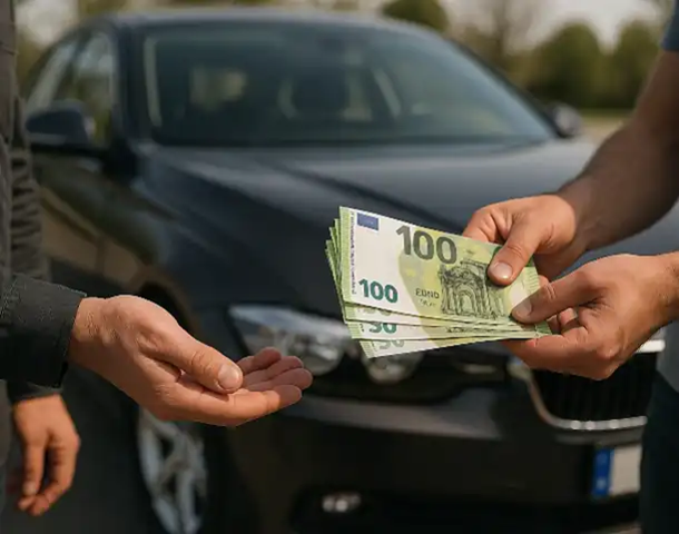 Ein zufriedener Kunde erhält Bargeld beim erfolgreichen Autoankauf in Alzey.